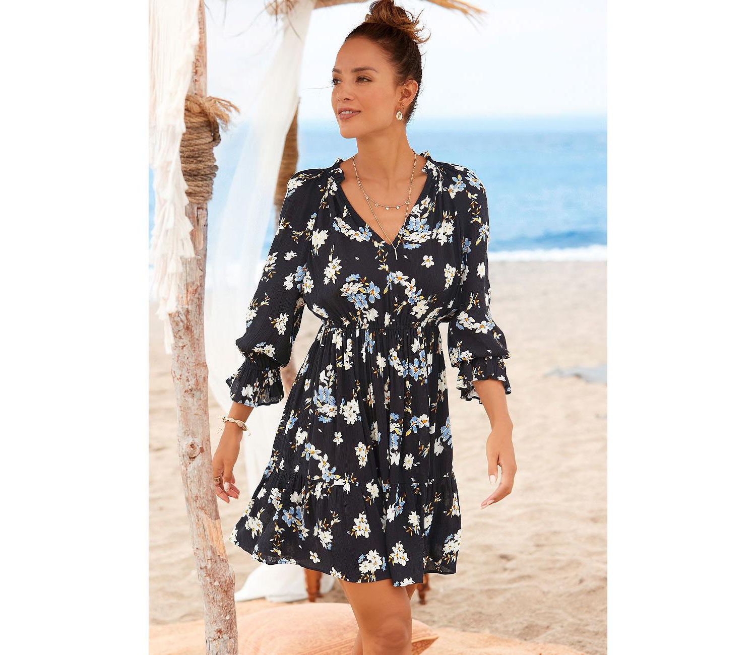 Women's Viscose Printed Ruffle 3/4 Sleeve Lace Elastic-Waist Short Dress