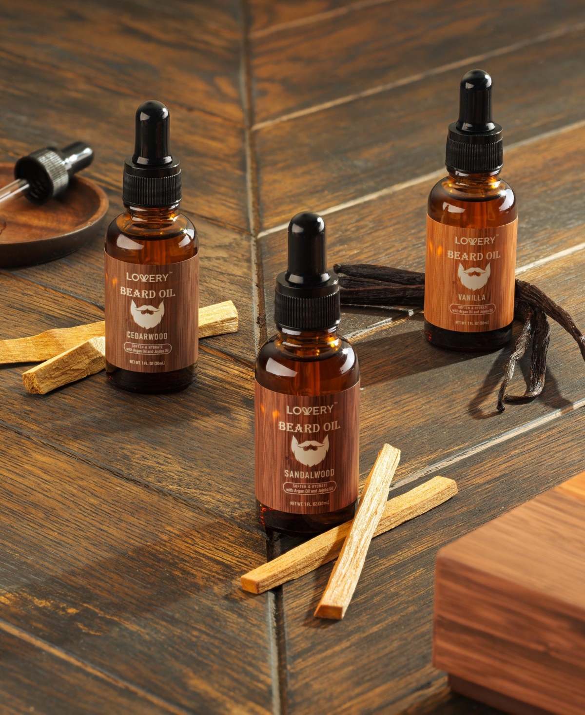 Lovery Nourishing and Moisturizing Beard Oil in Vanilla, Cedarwood and Sandalwood Scent - 3pc Mens Care Gift Set
