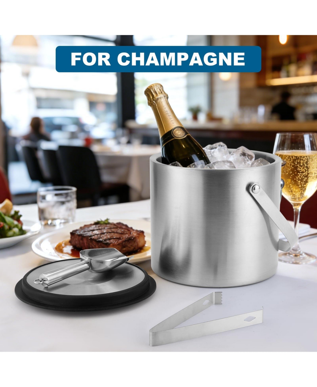 Piscifun Portable Double Wall Stainless Steel Insulated Ice Bucket with Lid Scoop Tong for Party