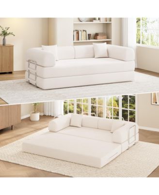 79" Convertible Sofa Bed, 4-in-1 Frameless Corduroy Folding Sofa Bed, No Assembly Required, Floor-Standing Mattress, Double Sofa with Pillows