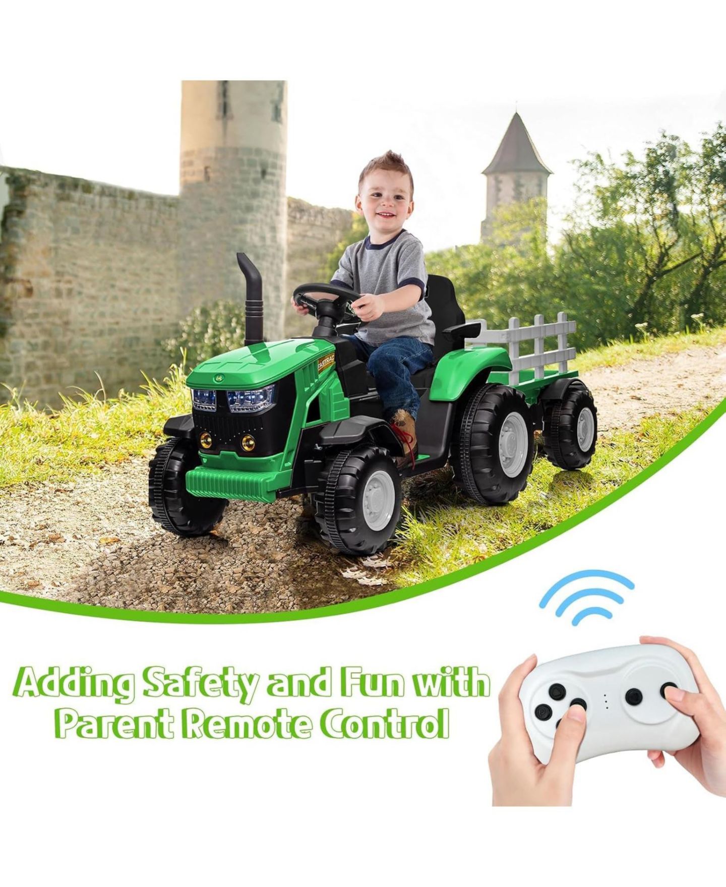 Детская игрушка homfan Ride on Tractor 12V Battery Remote Control with Detachable Trailer, 66 lb. Capacity, от 3 лет, цвет: Зелёный — фото 5