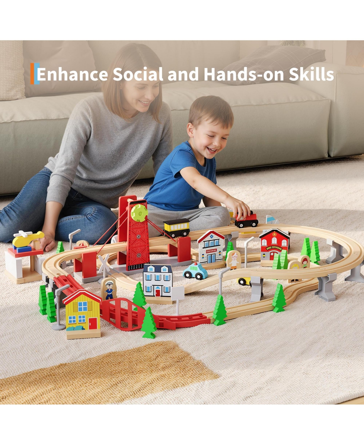 homfan Multi-Level Tracks 92-Piece Wooden Train Activity Table with Storage