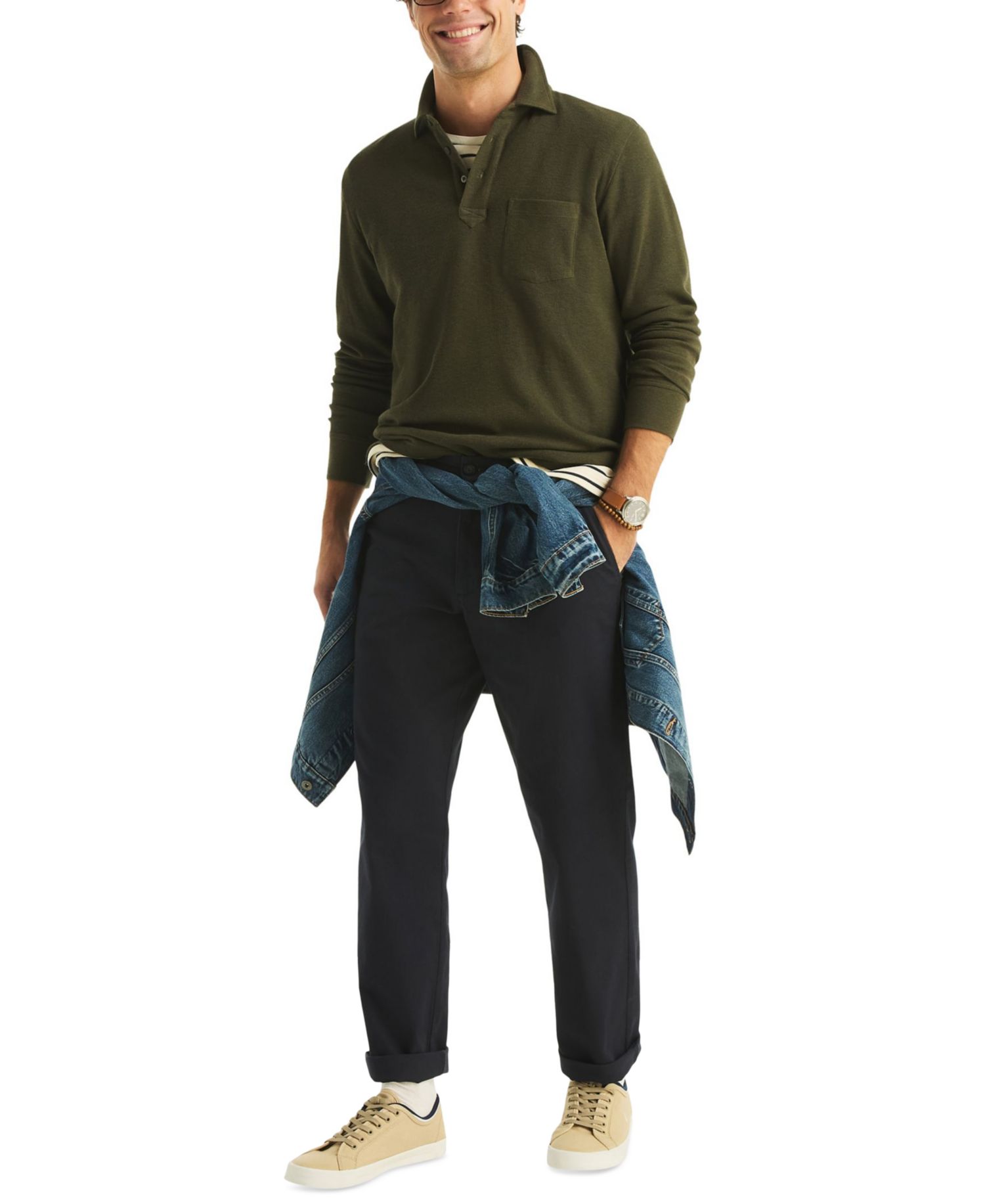 Men's Waffle-Knit Cotton-Blend Long-Sleeve Polo Shirt