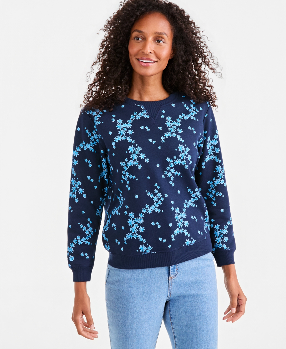 Style & Co Women's Printed Crewneck Sweatshirt, Macy's Exclusive In Industrial Blue