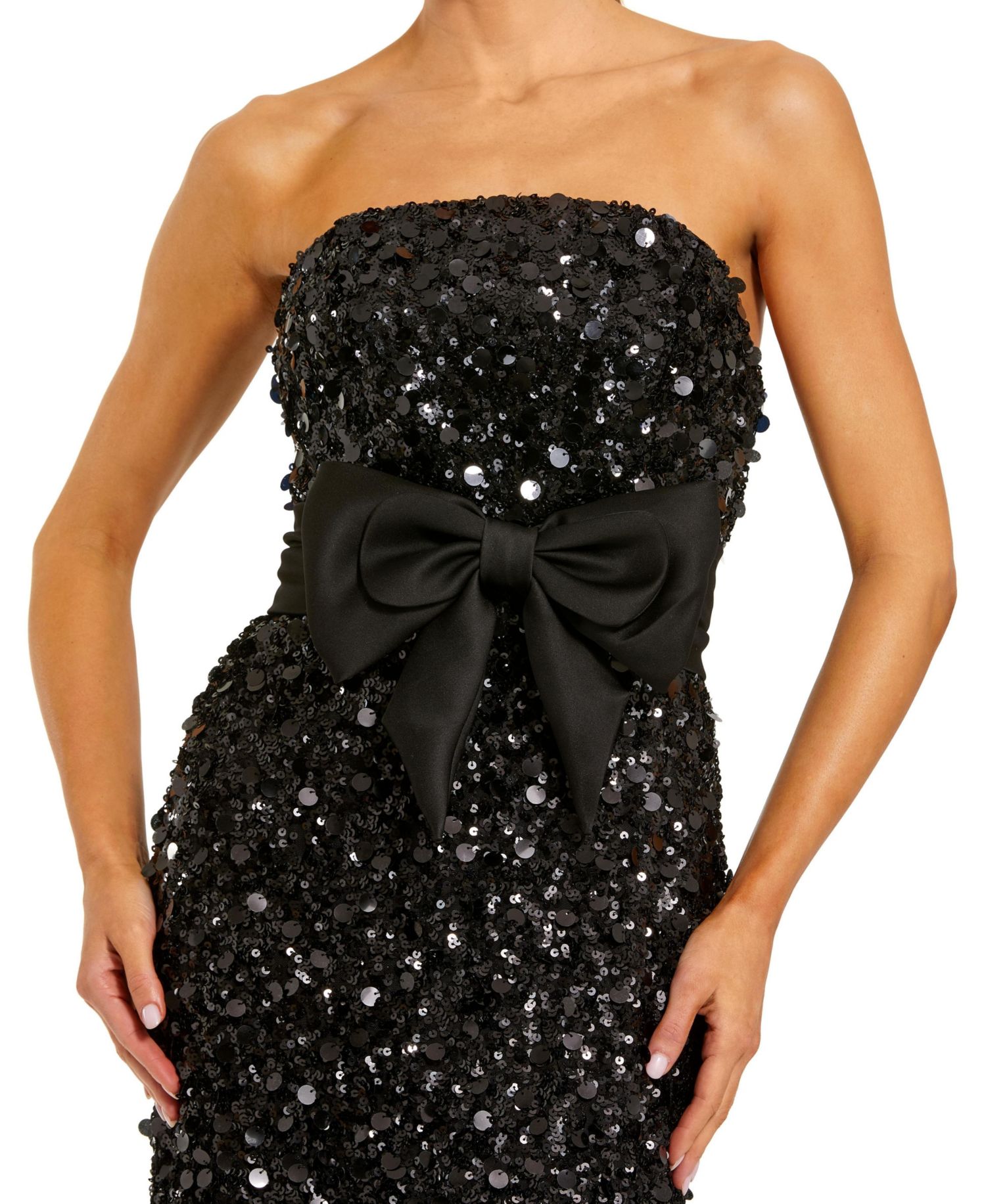 Women's Strapless Sequin Column Gown with Velvet Bow