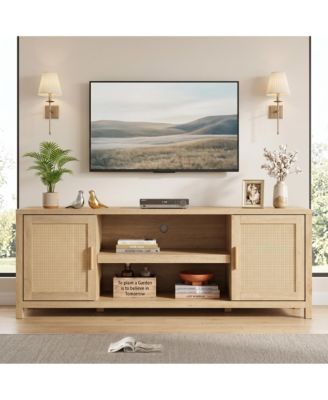 Rattan TV Stand, 66 Inch Boho Entertainment Center with Cabinets and Open Shelves, Wood Media Console with Adjustable Shelves