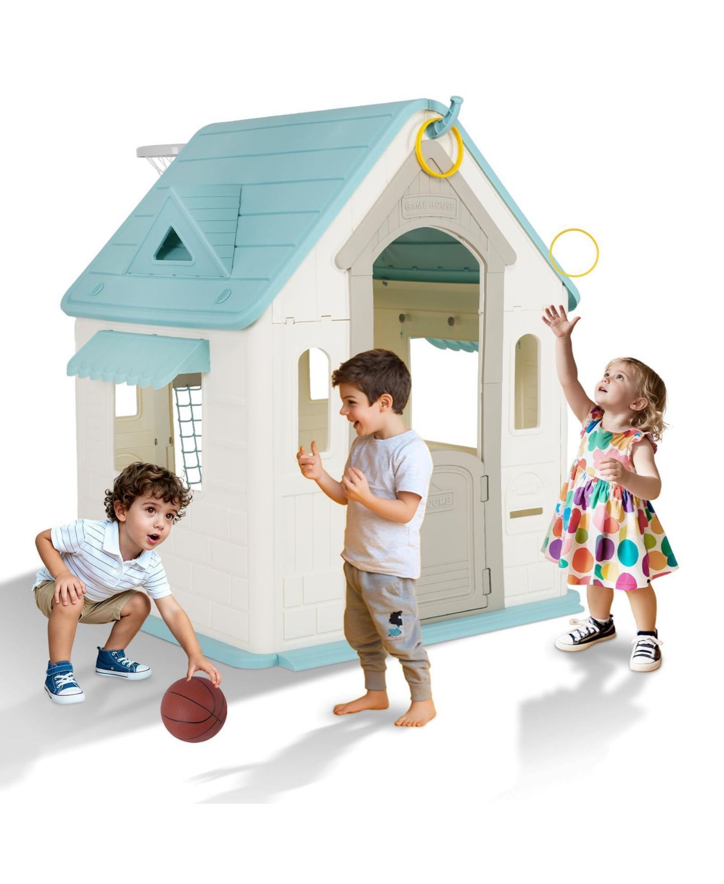 Детская игрушка homfan Kids Outdoor and Indoor Playhouse Cottage, Toddler Playground with Basketball Hoop for Ages plus, цвет: Белый — фото 7