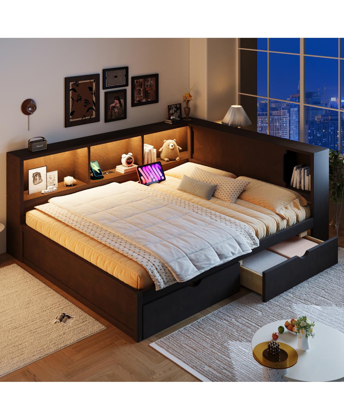 Streamdale Furniture Wood Daybed with Storage Shelves, Usb, Led, and 2 Drawers
