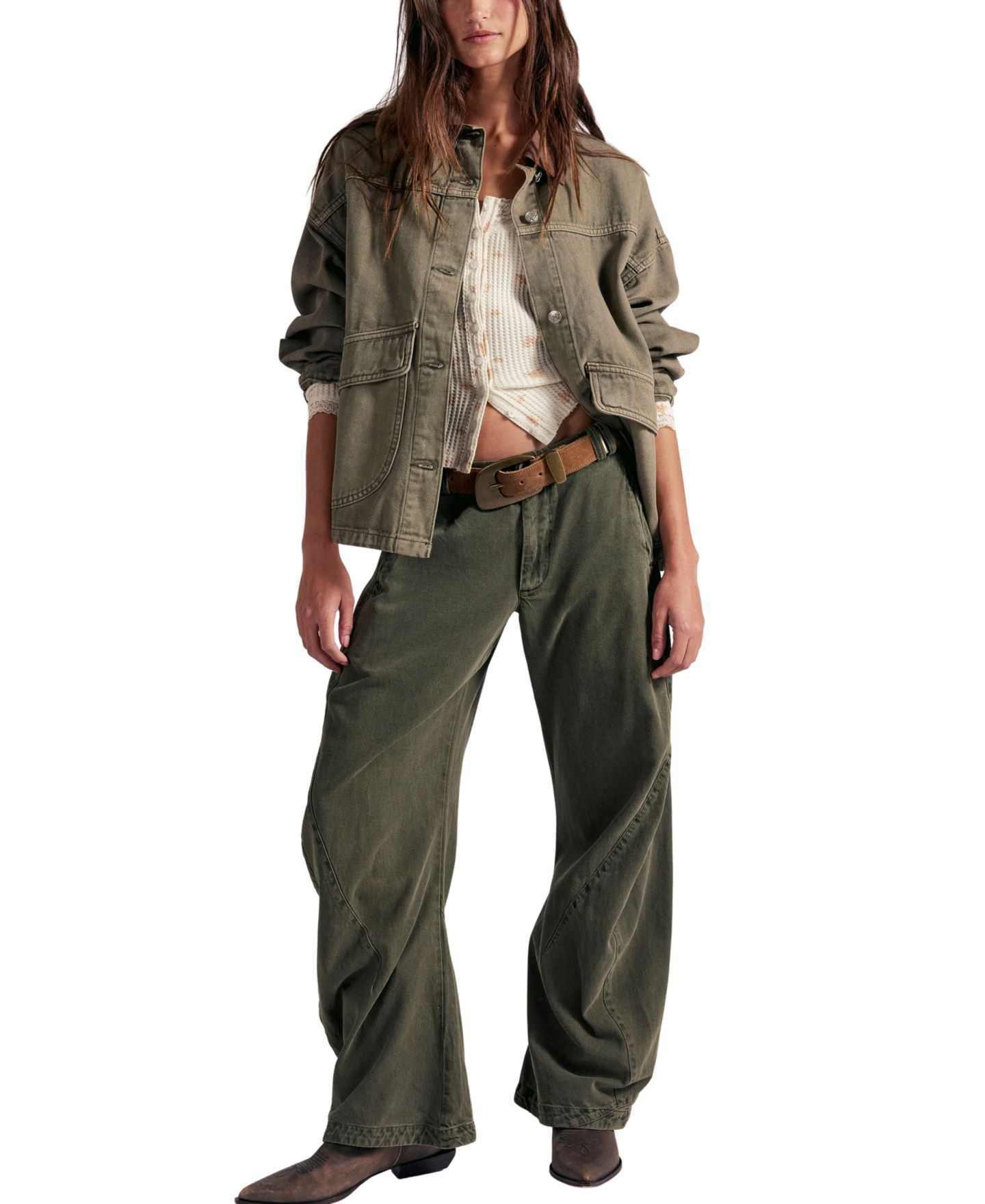 Женские брюки Free People Spotlight Mid-Rise Barrel Chino Trousers, цвет: Пыльный оливковый — фото 2