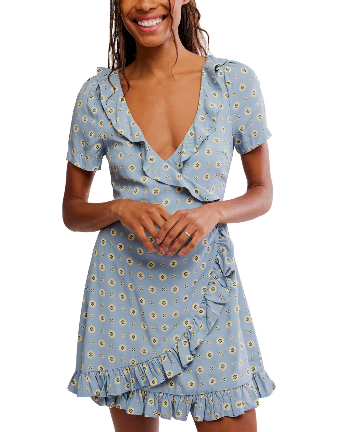 Женское платье Free People Wrap Mini Ruffle, цвет: Небесно-голубой комбинированный — фото 1
