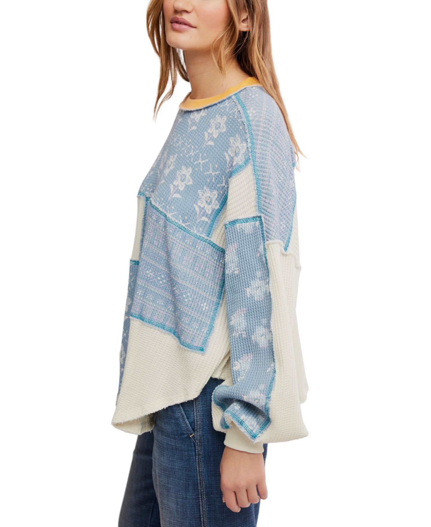 Женская футболка Free People Wildflower Thermal Waffle-Knit Floral-Print, цвет: Прозрачный комбинированный — фото 3
