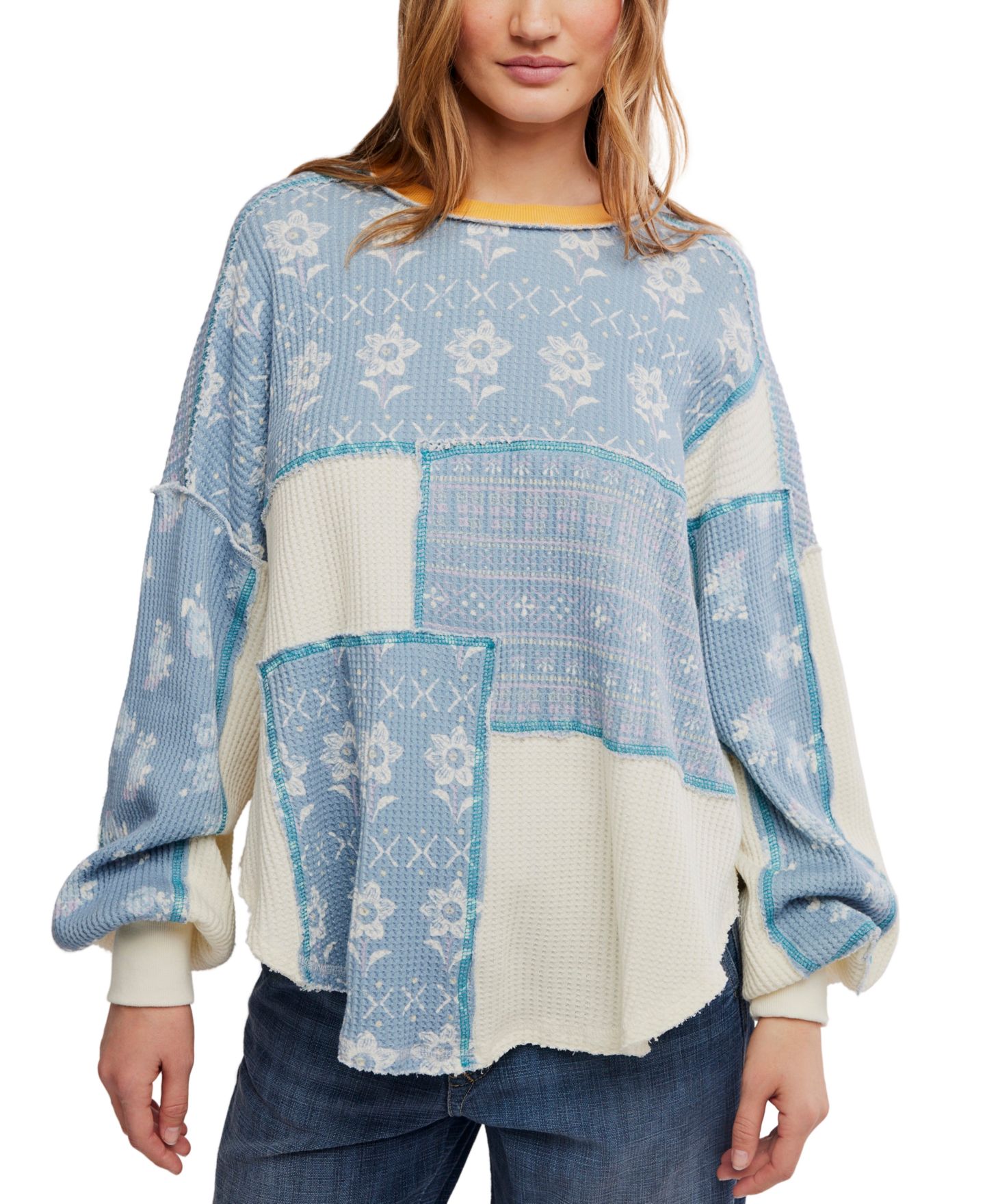 Женская футболка Free People Wildflower Thermal Waffle-Knit Floral-Print, цвет: Прозрачный комбинированный — фото 1