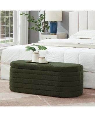 Modern Oval Storage Ottoman Bench with Upholstered Boucle Fabric and Safety Hinge