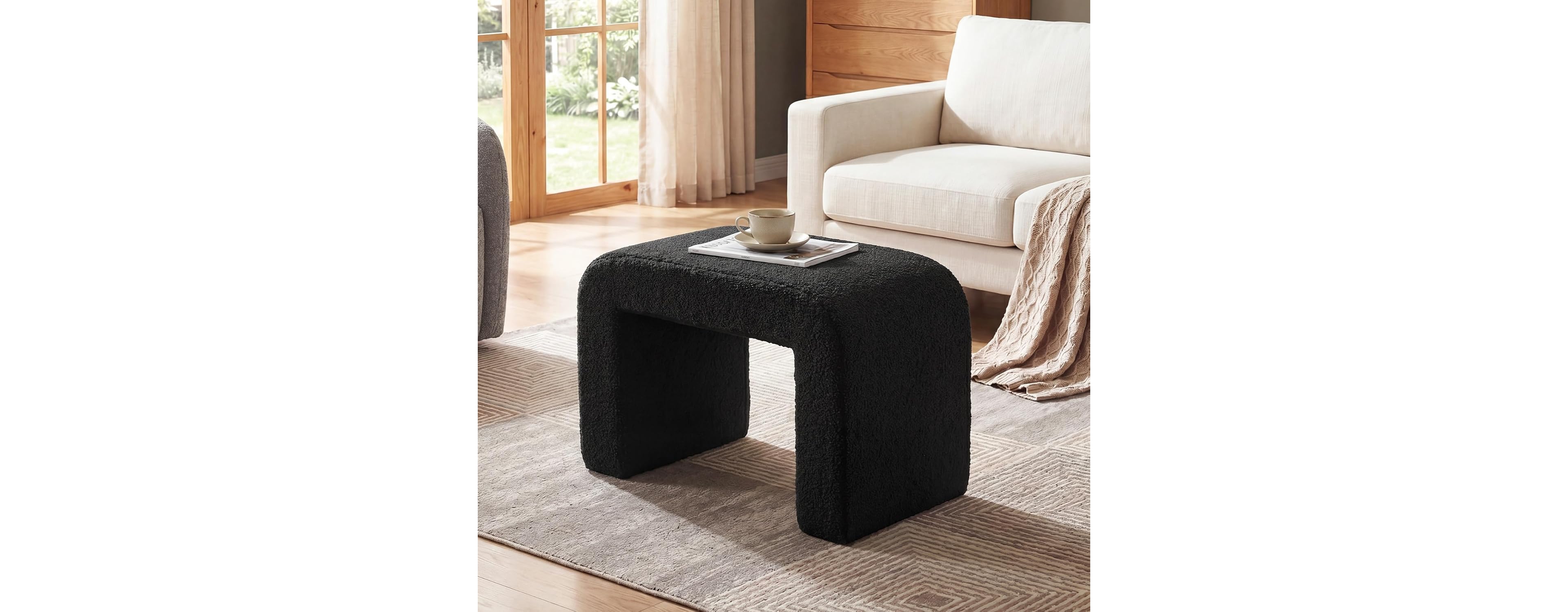 Tribesigns Vanity Stool: Sherpa upholstered ottoman, foot rest for couch, shoe bench, extra seating. No assembly. Black