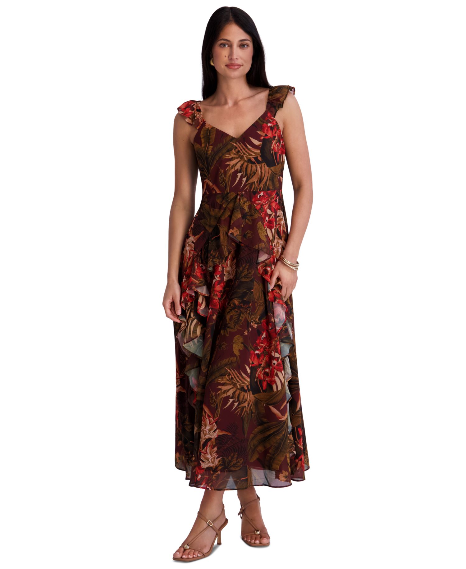 Women's Textured Woven Floral Ruffle Midi Dress
