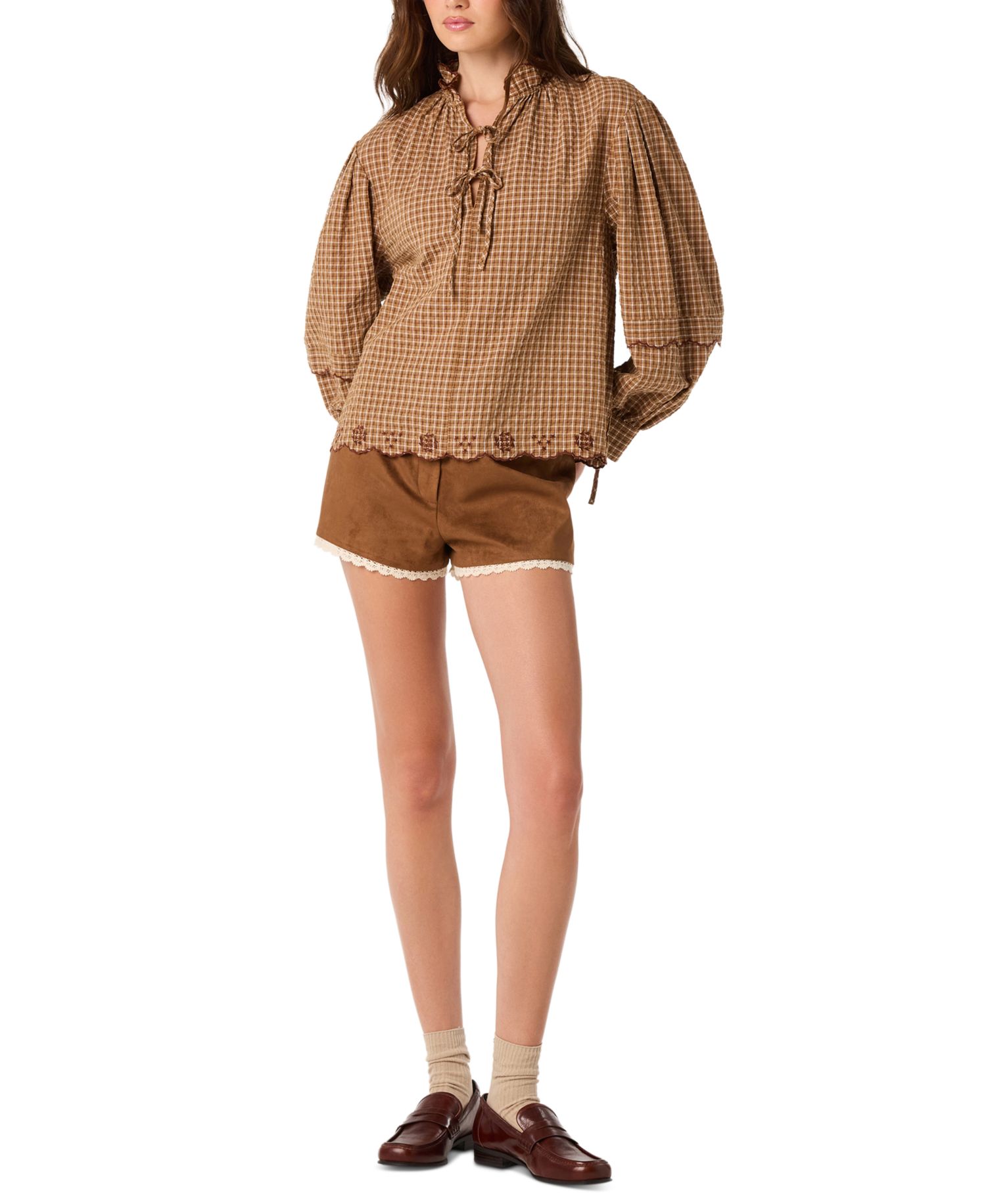 Women's Taliyah Plaid Long Balloon-Sleeve Ruffled Collar Blouse