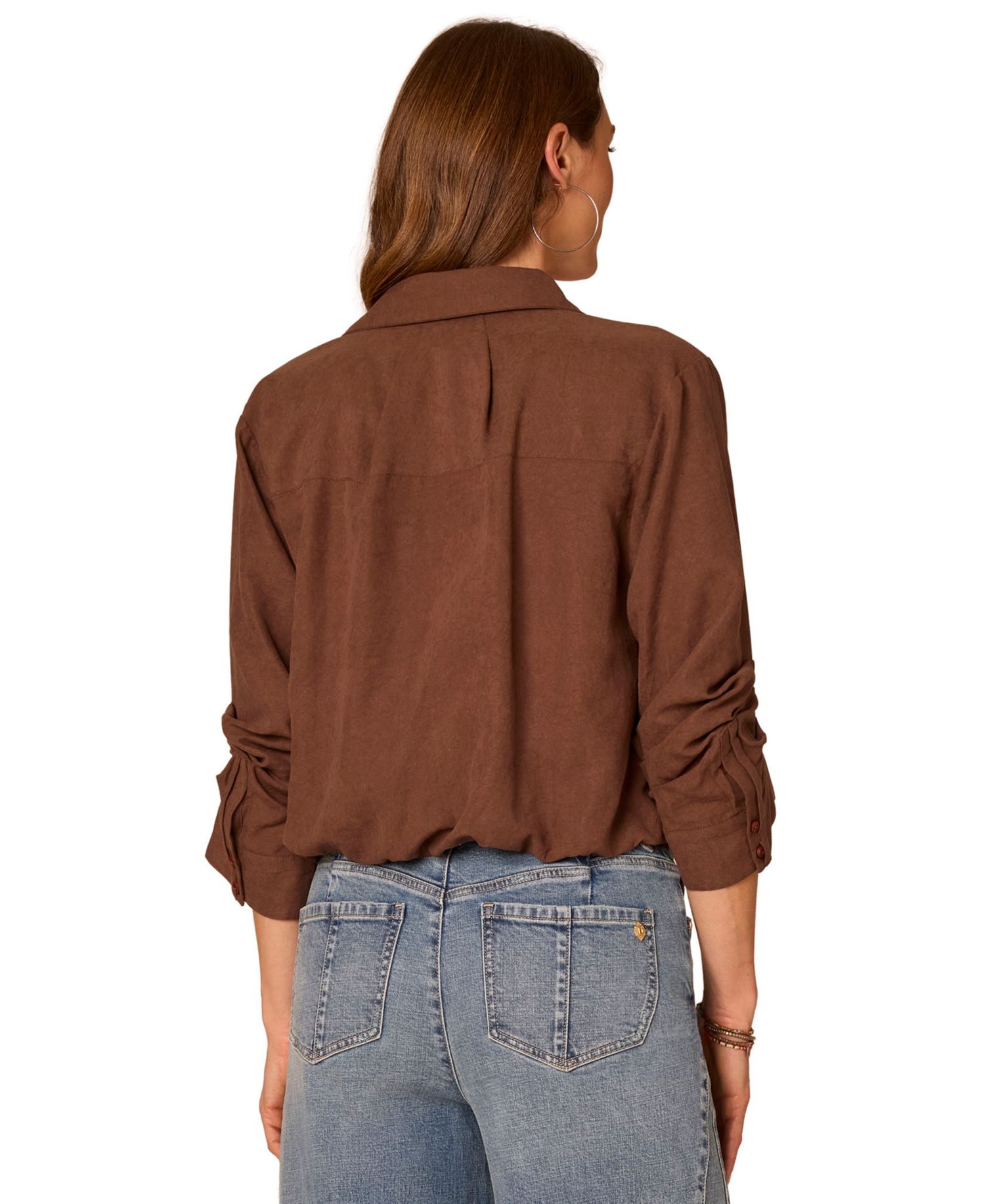 Petite Ruched-Sleeve Bubble-Hem Shirt