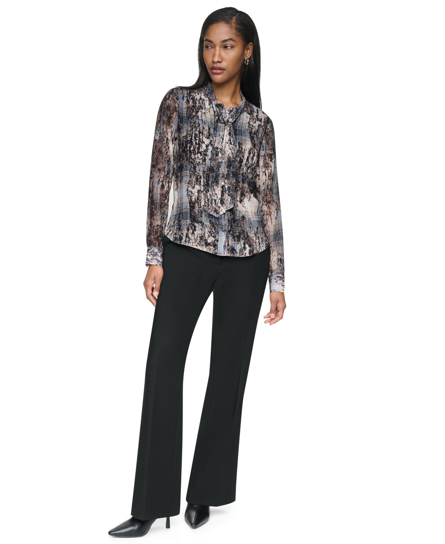 Women's Tie-Neck Long-Sleeve Crinkle Chiffon Blouse