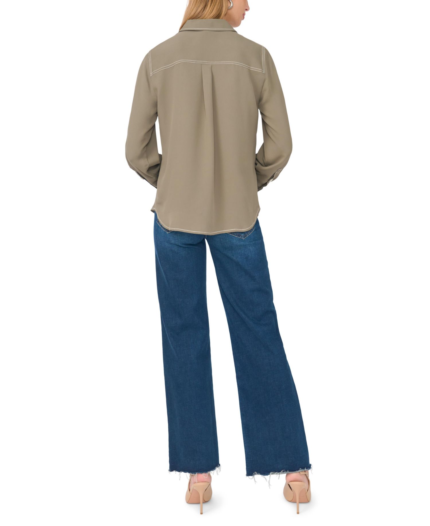 Women's Contrast Stitch Button Front Collared Top