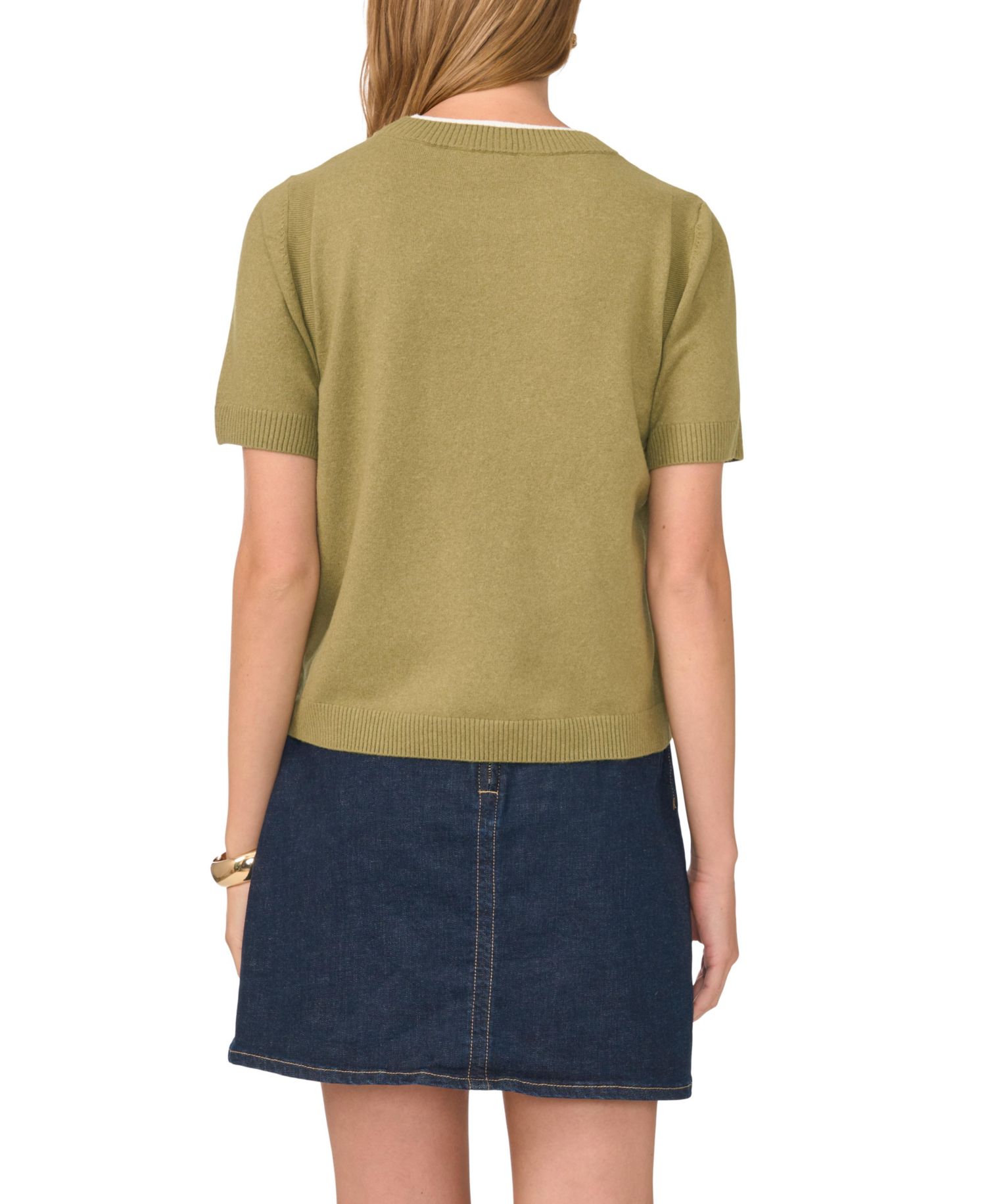 Women's Contrast-Neck Short-Sleeve Sweater