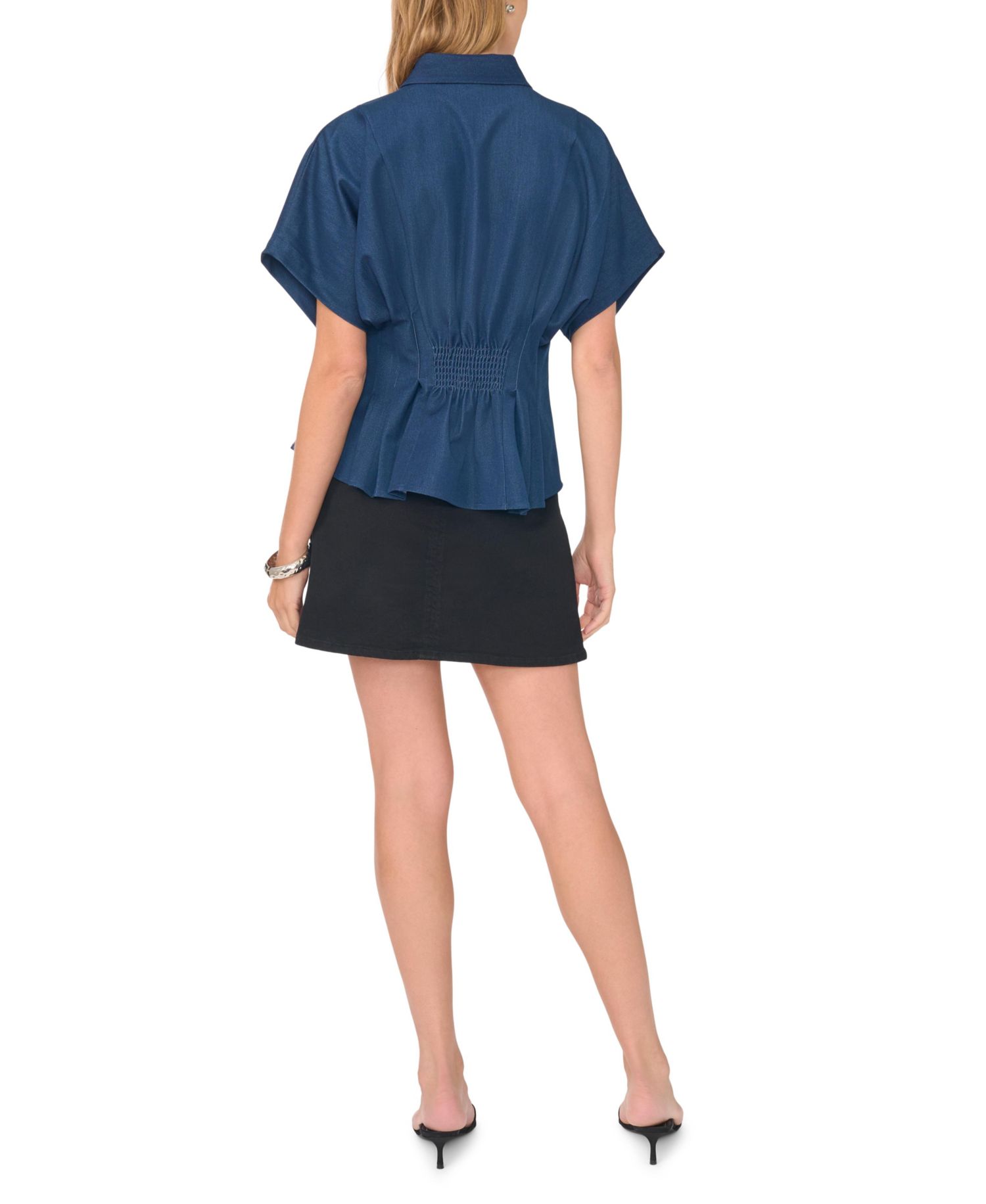 Women's Point-Collar Dolman-Sleeves Pleated-Waist Blouse