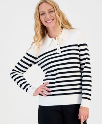 Petite Stripe Long-Sleeve Polo Sweater