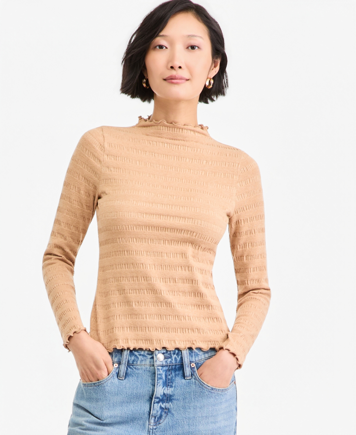 On 34th Women's Long-sleeve Funnel Neck Puckered-rib Top, Macy's Exclusive In Warm Camel Heather