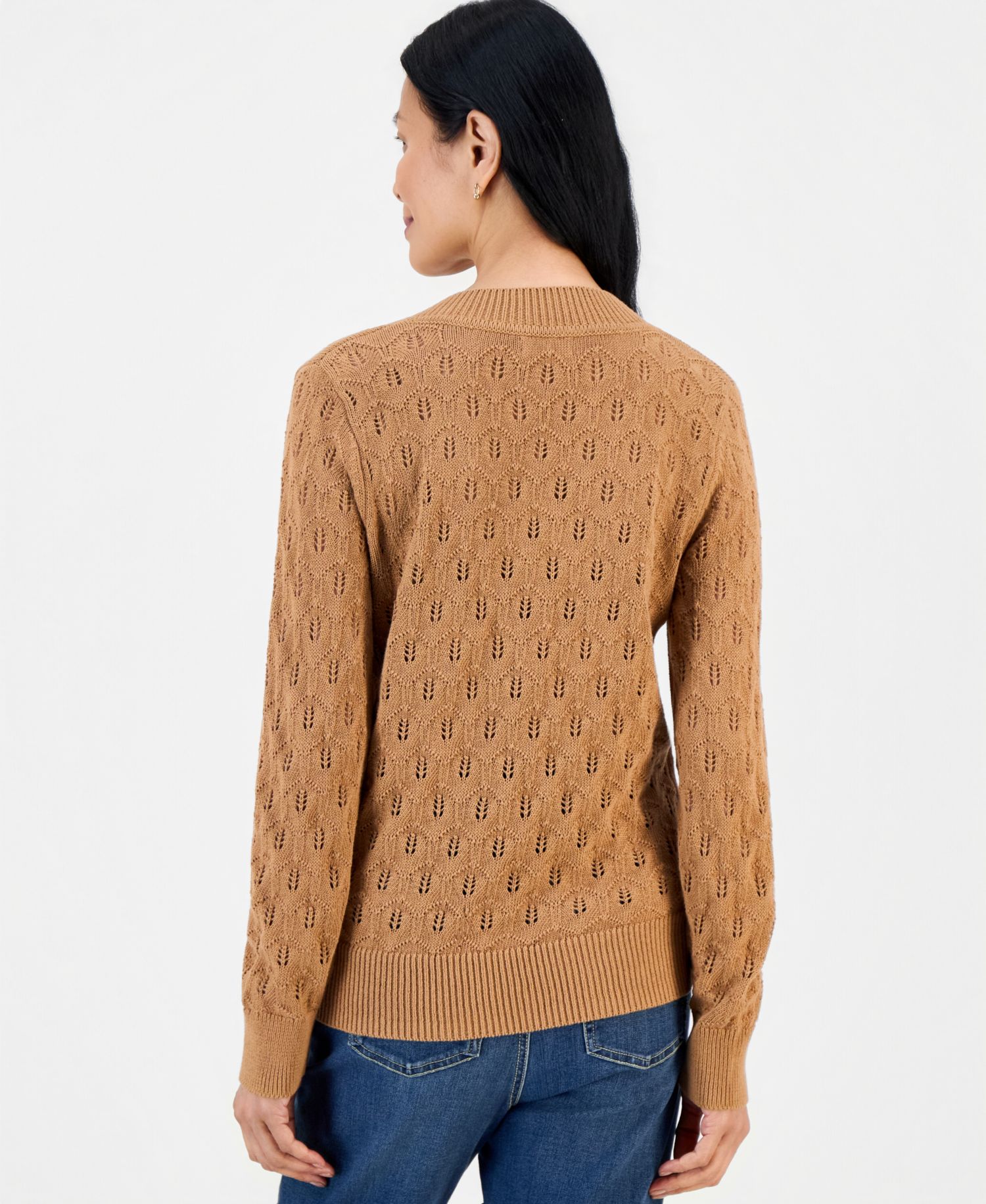 Petite Pointelle V-Neck Cotton Sweater