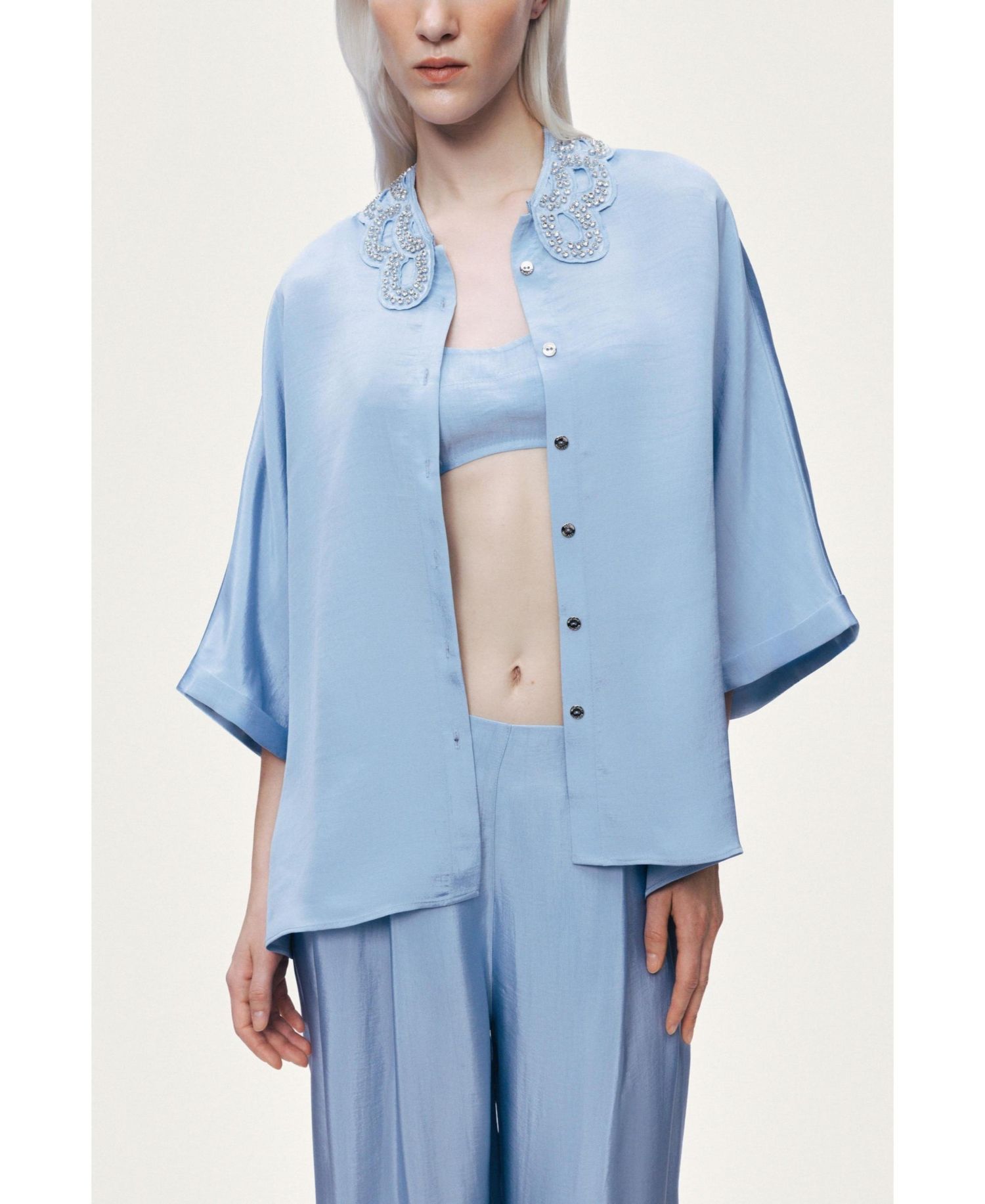 Women's Stone Accessory Collar Detail Relaxed Boxy Fit Shirt