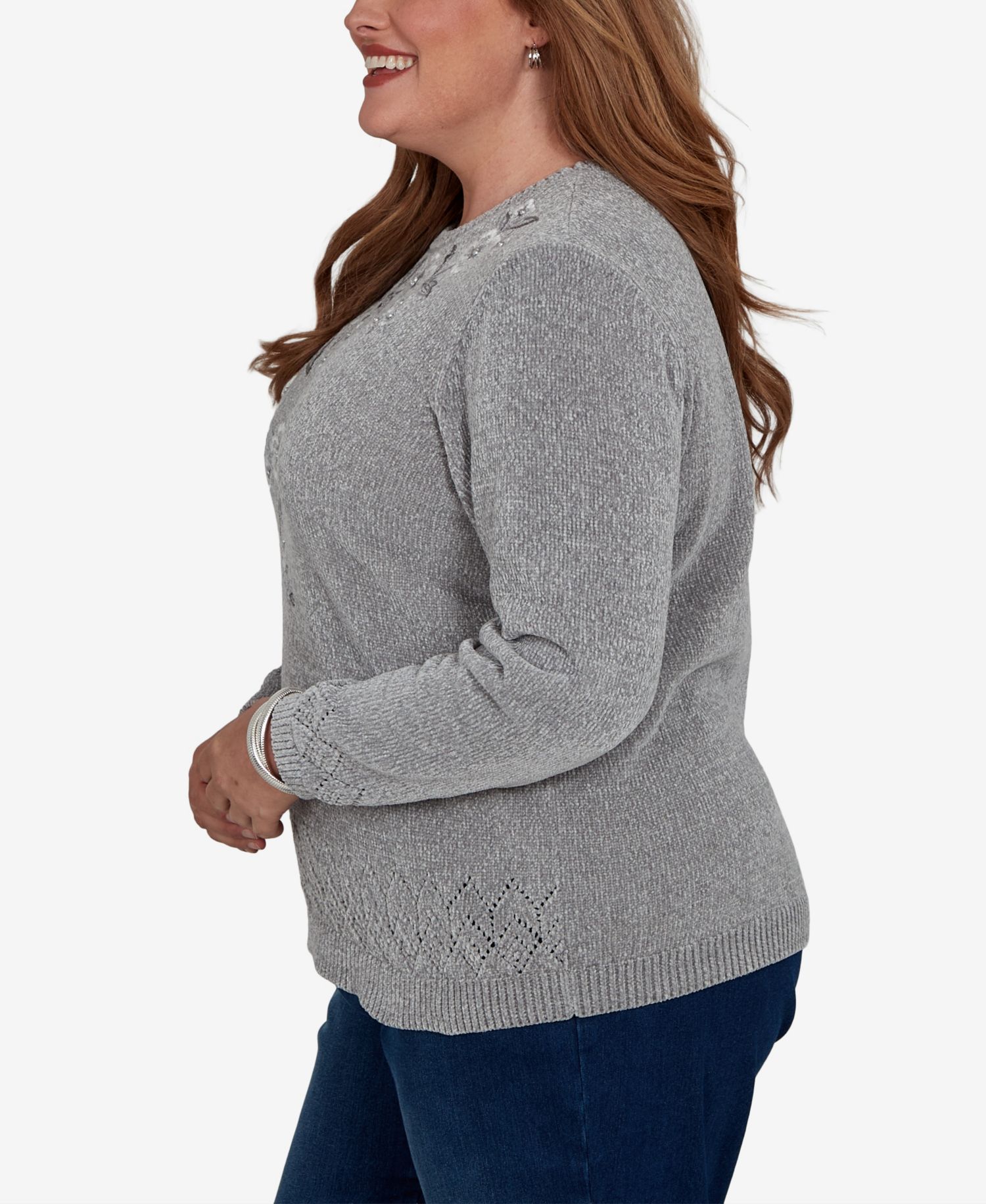 Plus Size Embroidered Floral Textured Chenille Sweater