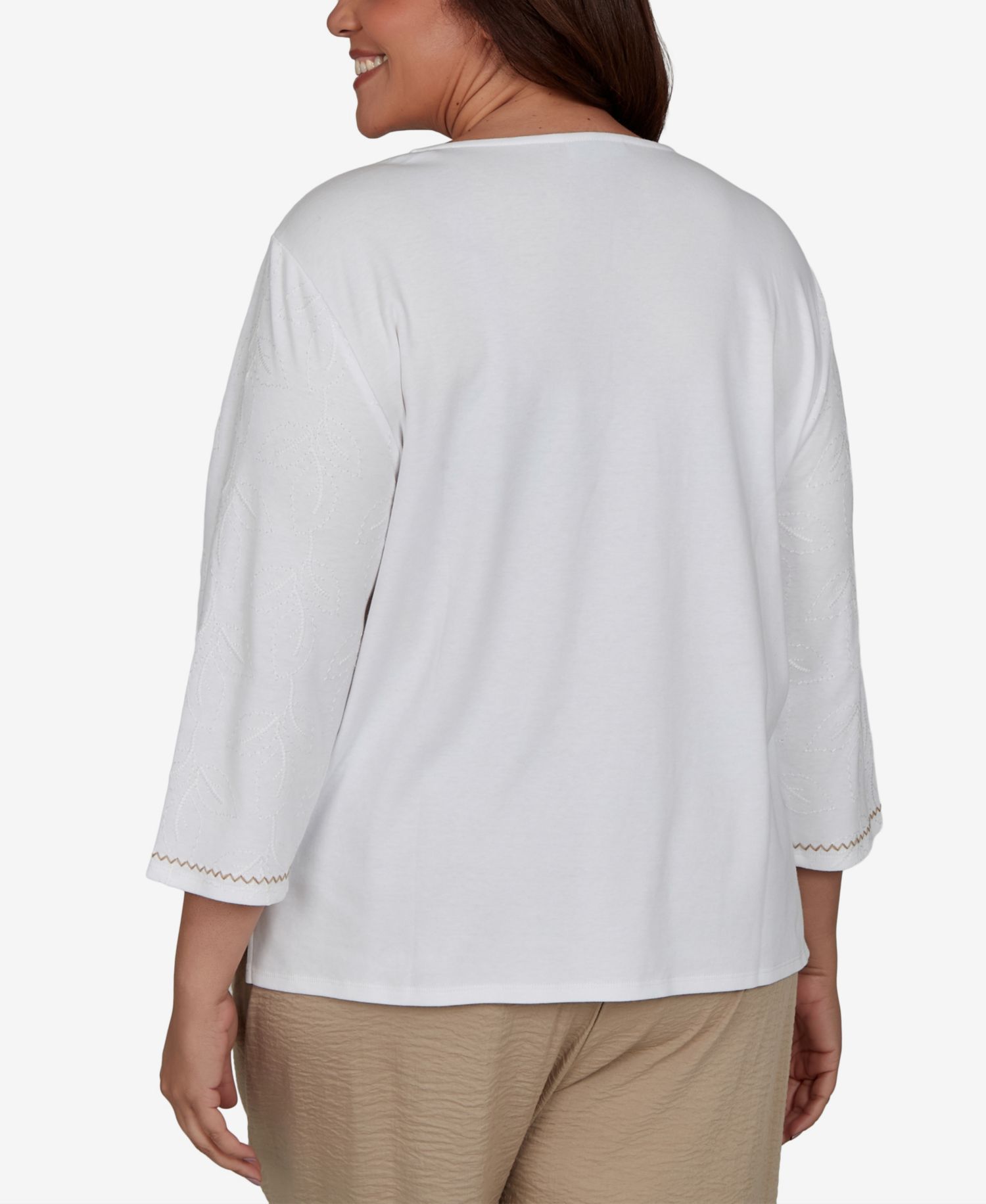 Plus Size Travel Advisory Floral-Embroidered 3/4-Sleeve Top