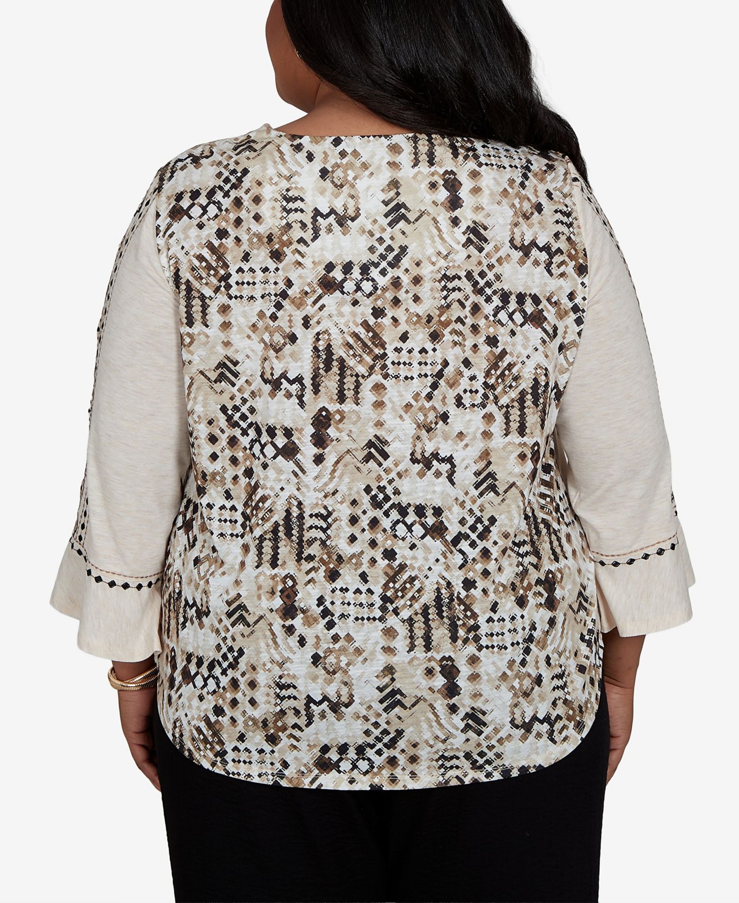 Plus Size Women's Travel Advisory 3/4-Sleeve Geometric-Embroidered Printed-Back Top