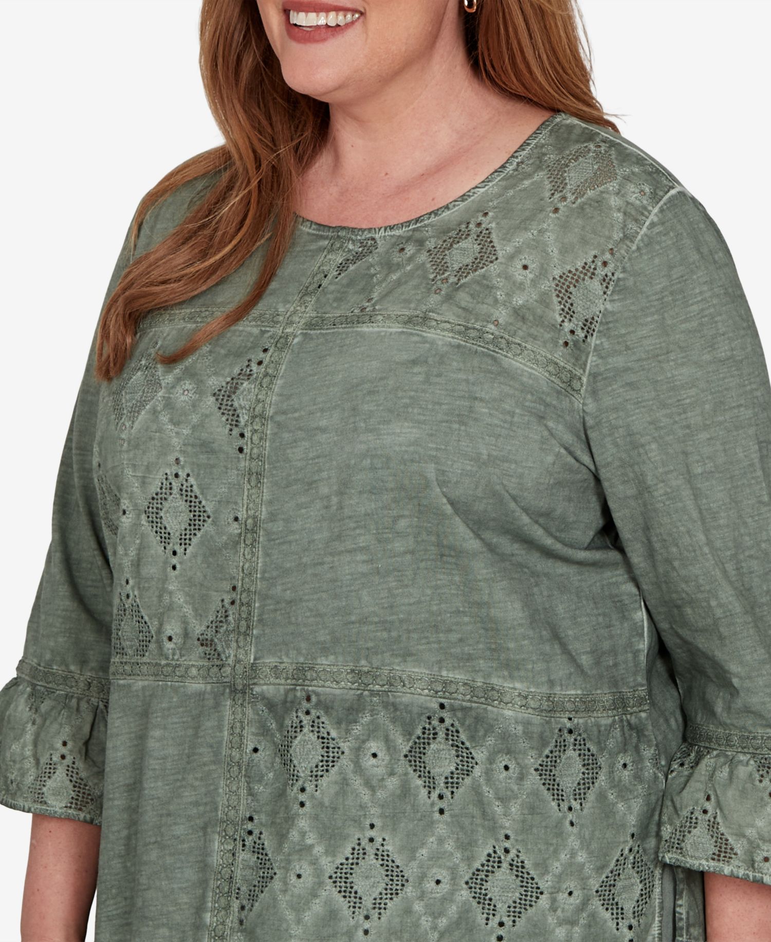 Plus Size Provence Tonal Spliced Patchwork 3/4 Sleeve Blouse
