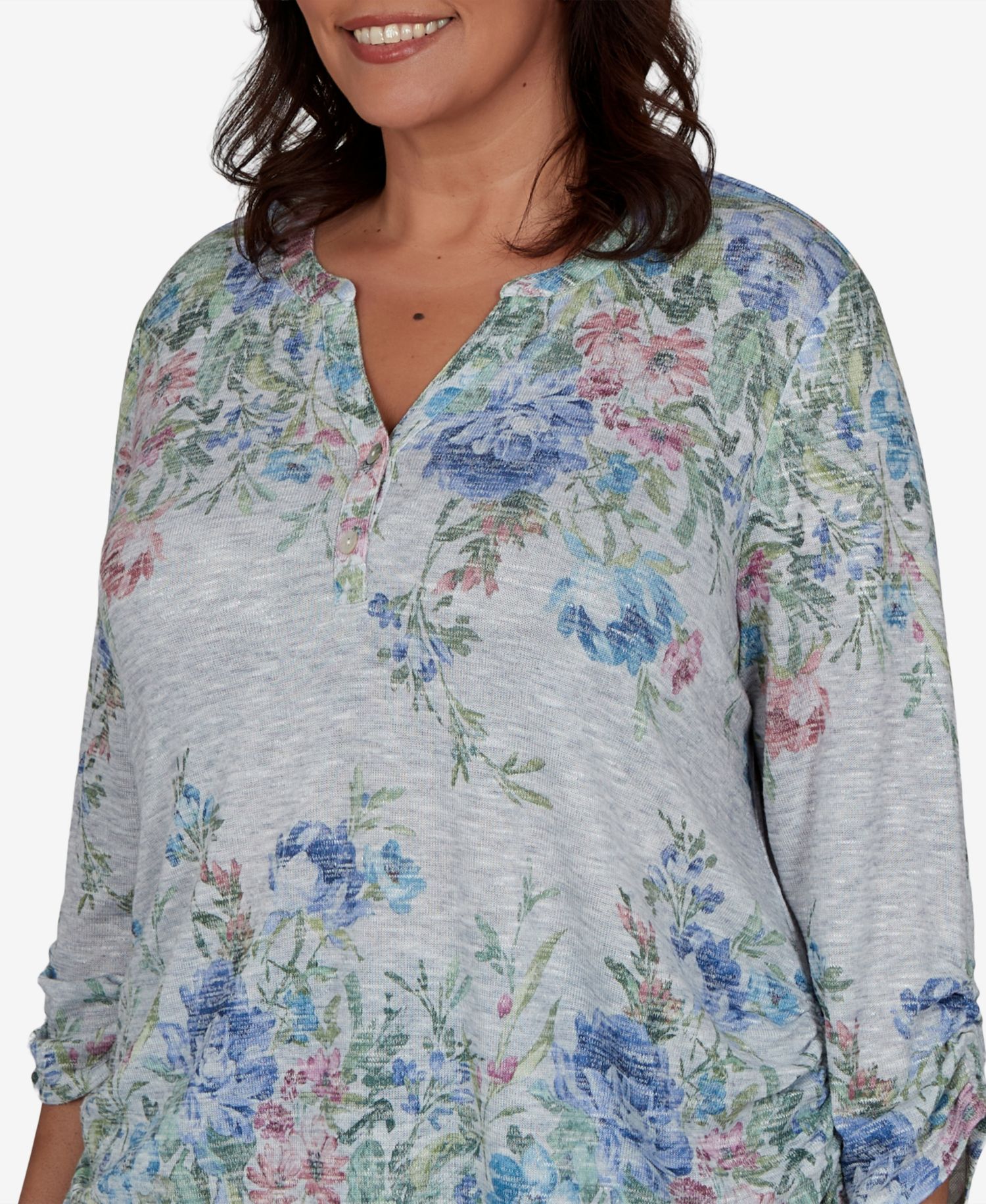 Plus Size Provence Floral Borders 3/4-Sleeve Button-Up Henley Top