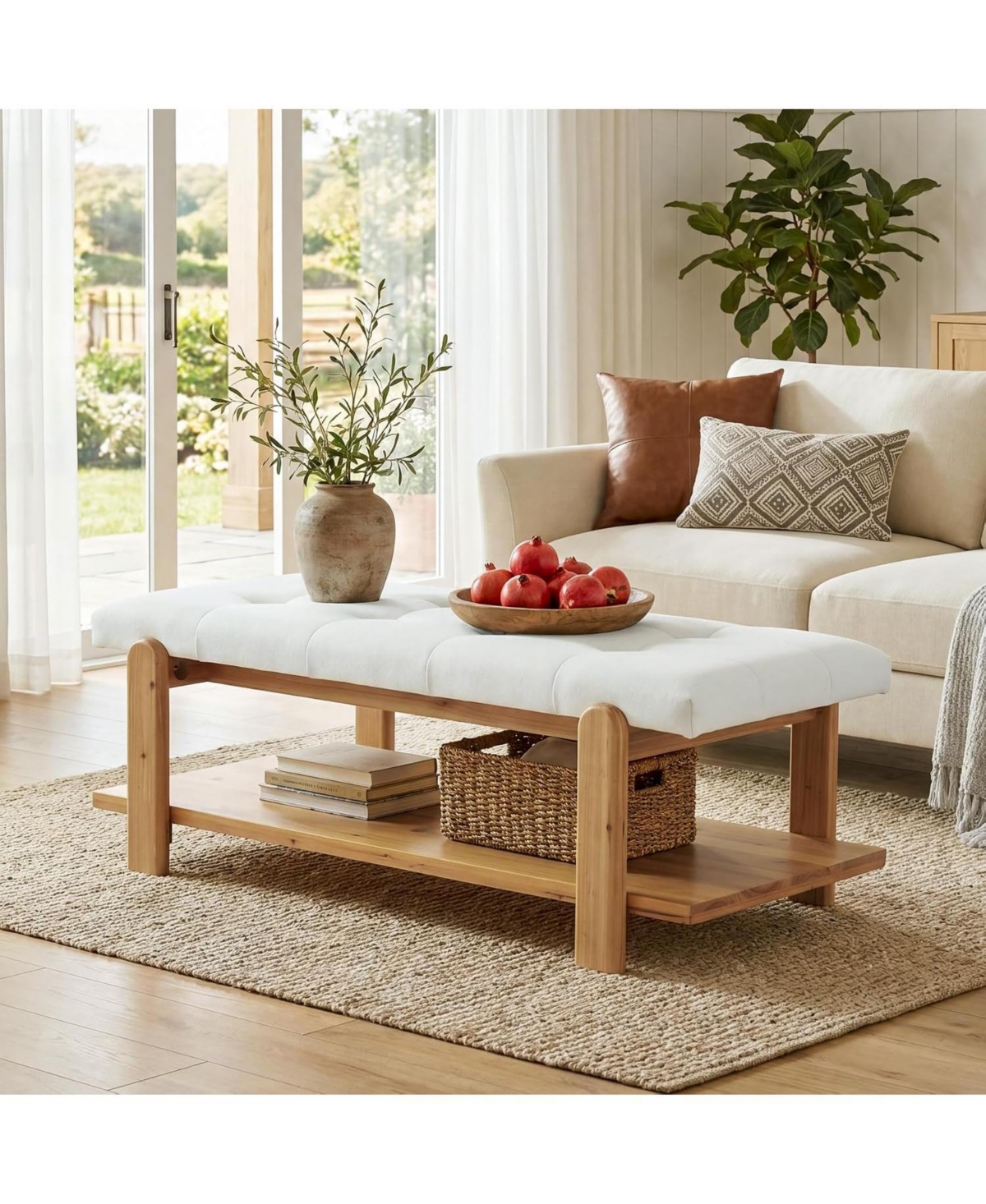 Tribesigns Ottoman Coffee Table with Solid Wood Frame, Rectangle Large Footrest Ottoman with Storage Shelf, Upholstered Center Table