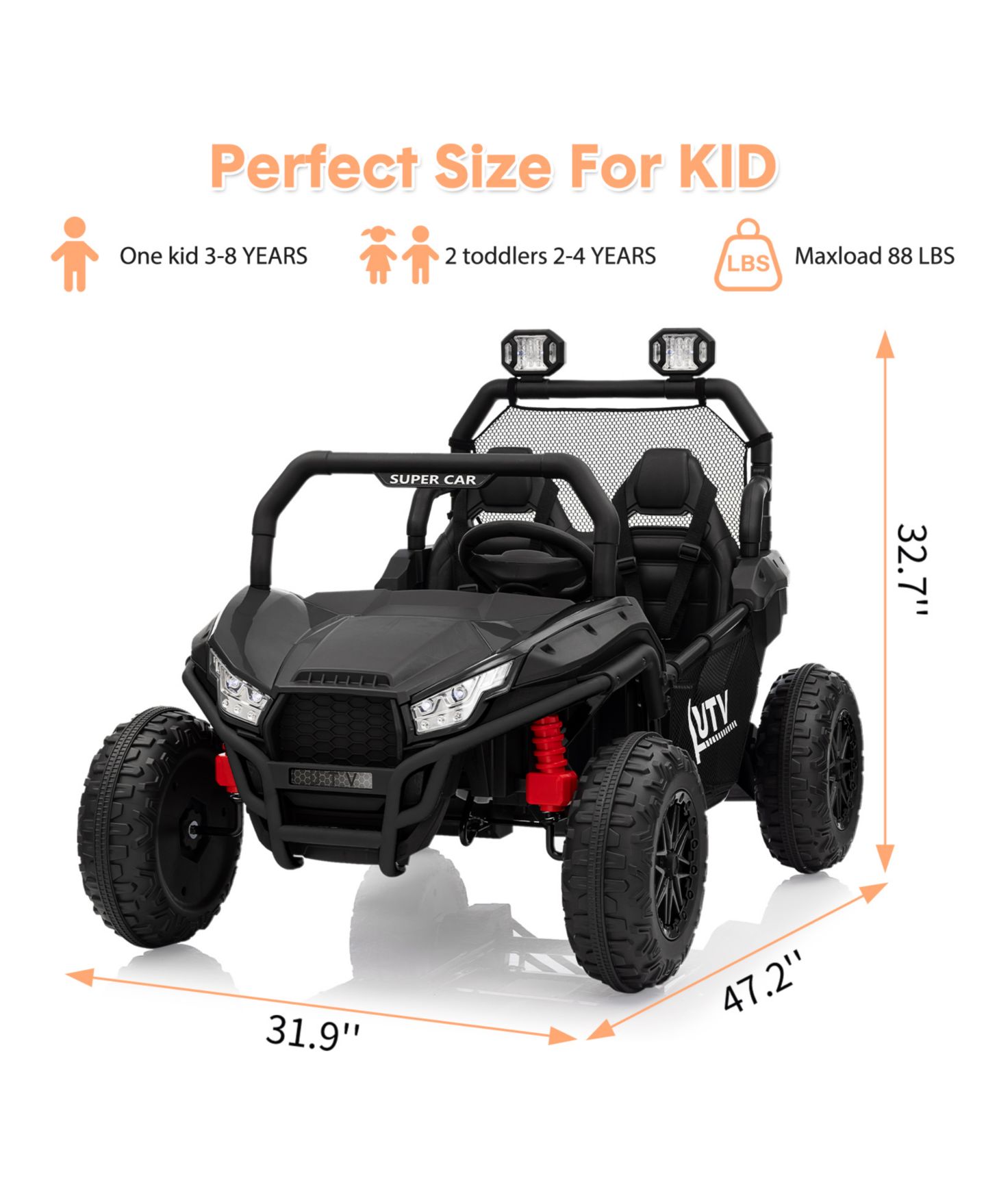 Детская игрушка homfan 2-Seater Electric Ride-On UTV Car, Remote Control, Spring Suspension, LED Lights, Wireless, Spacious Seat, Treaded Tires, Metal Frame, цвет: Чёрный — фото 2