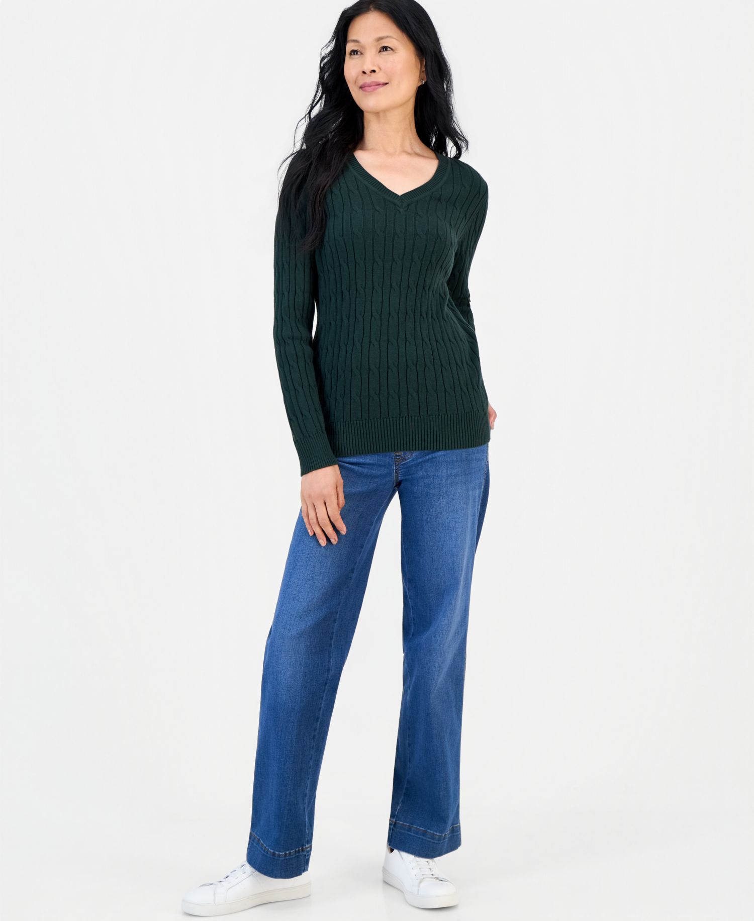 Petite Cotton Cable-Knit V-Neck Sweater