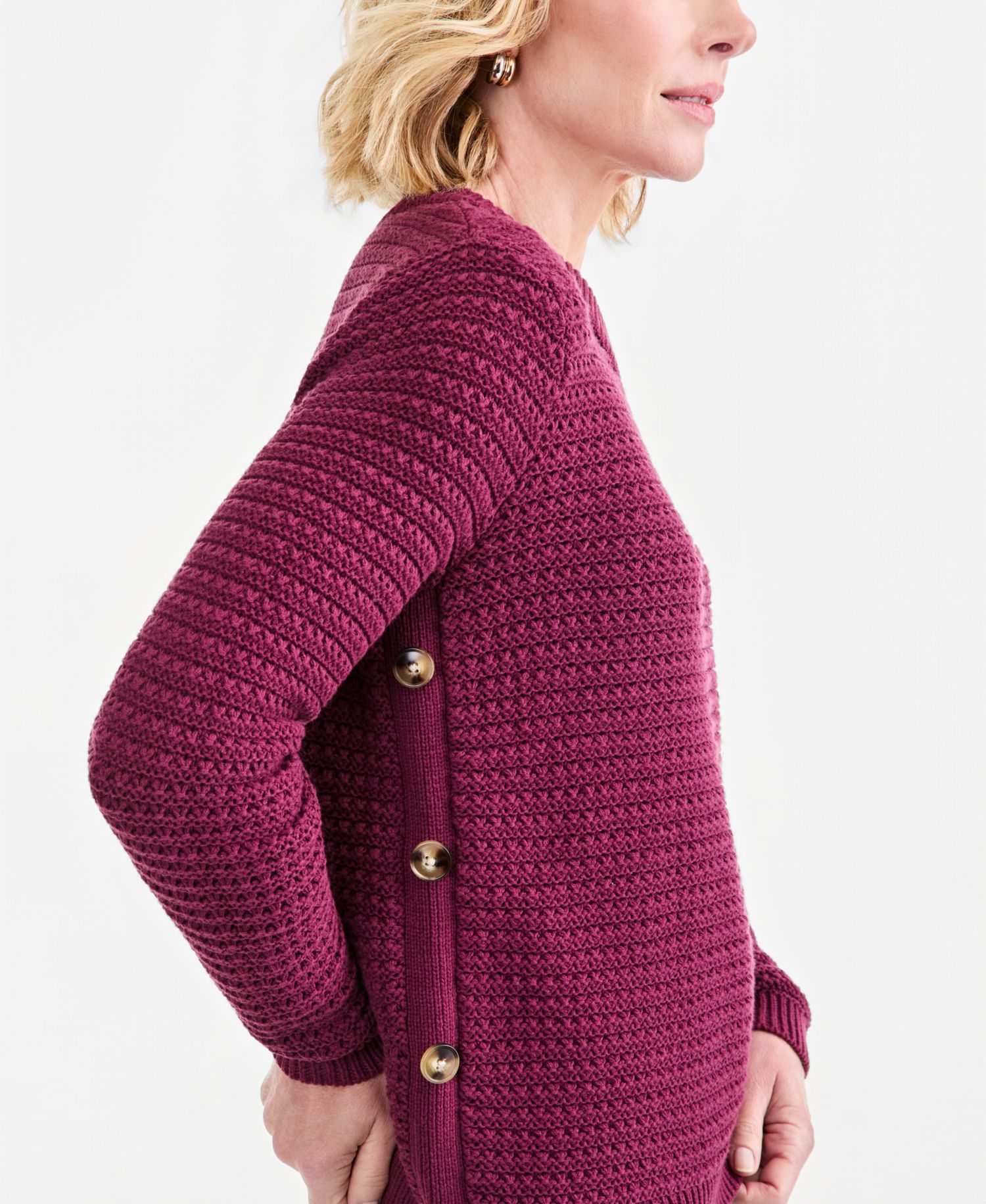 Plus Crewneck Ribbed-Knit Side-Button Sweater