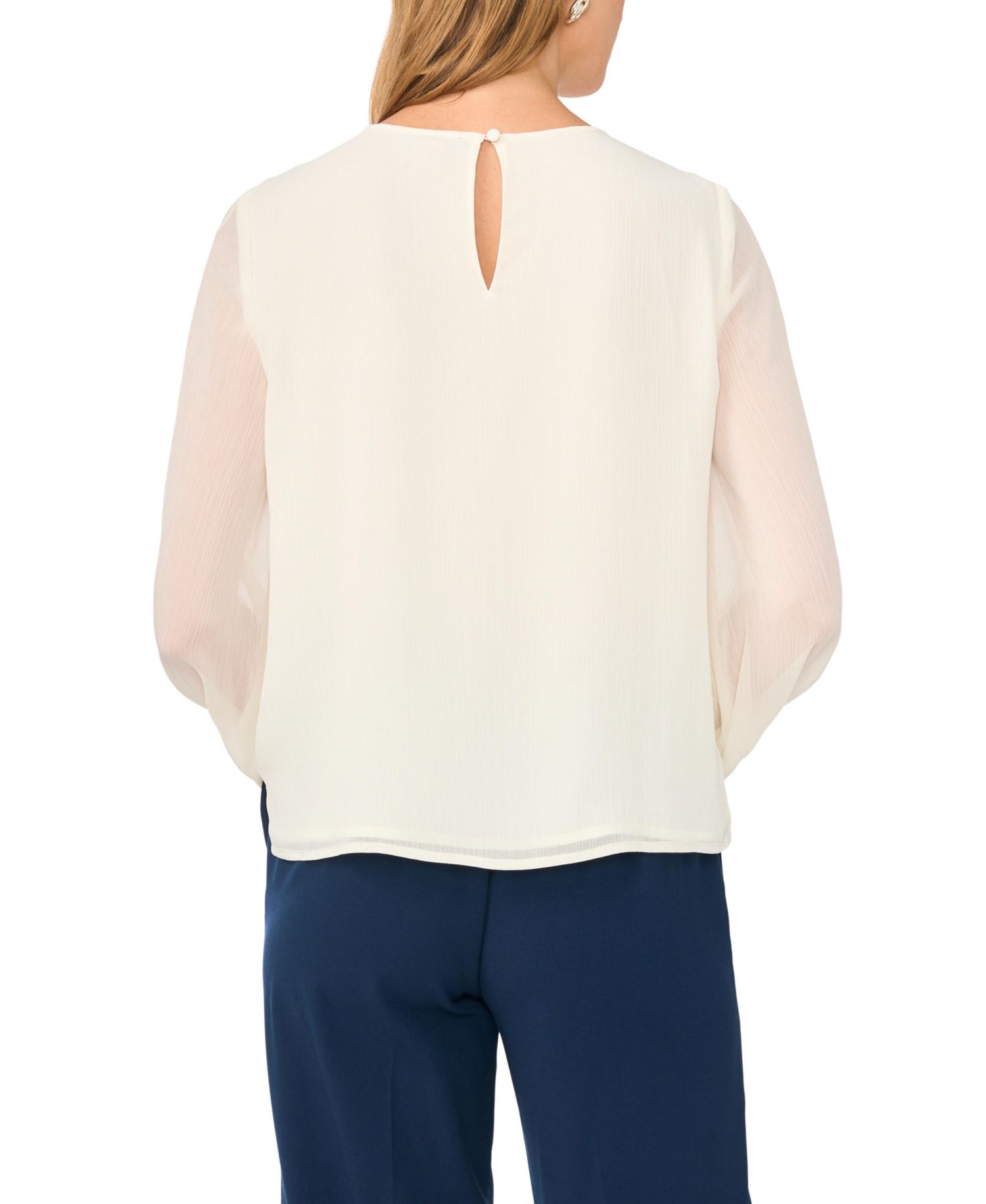 Women's Gathered Crewneck Long-Sleeve Chiffon Blouse