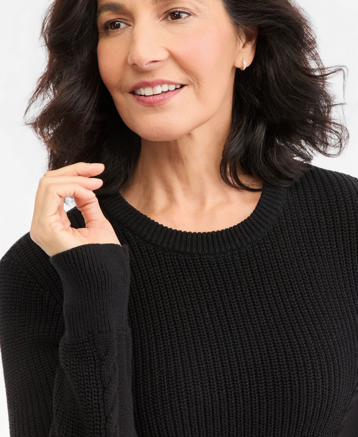 Petite Mixed Rib Cable-Knit Cotton Crewneck Pullover