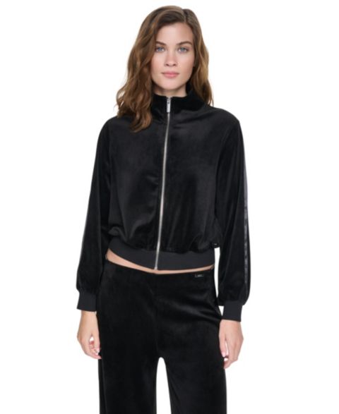 Женская куртка DKNY Jeans Petite Velour and Satin Trim Mock-Neck Zip-Front, цвет: Чёрный