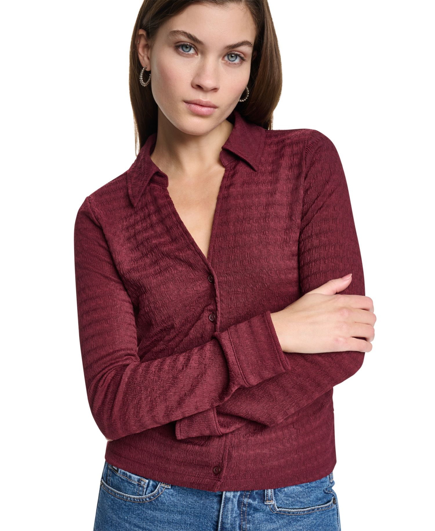 Petite Textured Knit Button Front Top
