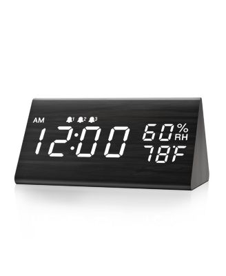 Wooden Digital Alarm Clock 3 Alarms with Weekday Mode Humidity and Temperature Sensor Adjustable Brightness USB to Barrel Cord No Batteries