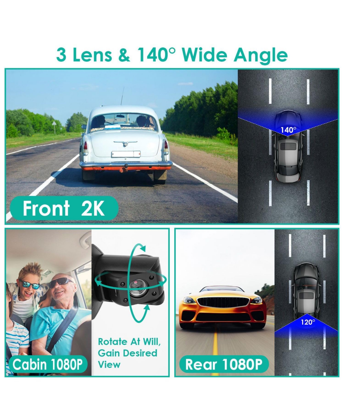 Neewer 2K Night Vision 3-Channel Dash Cam