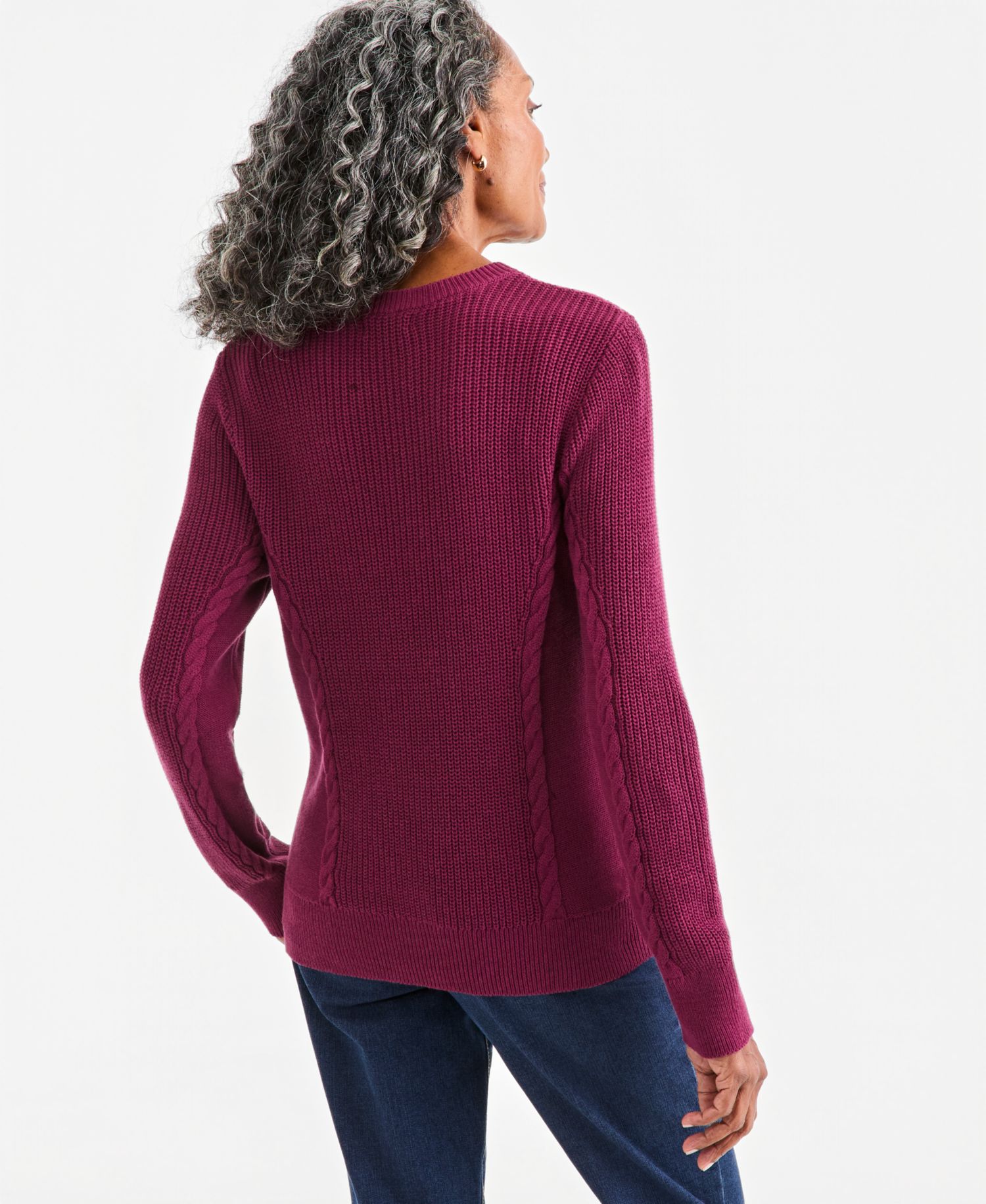 Petite Mixed Rib Cable-Knit Cotton Crewneck Pullover