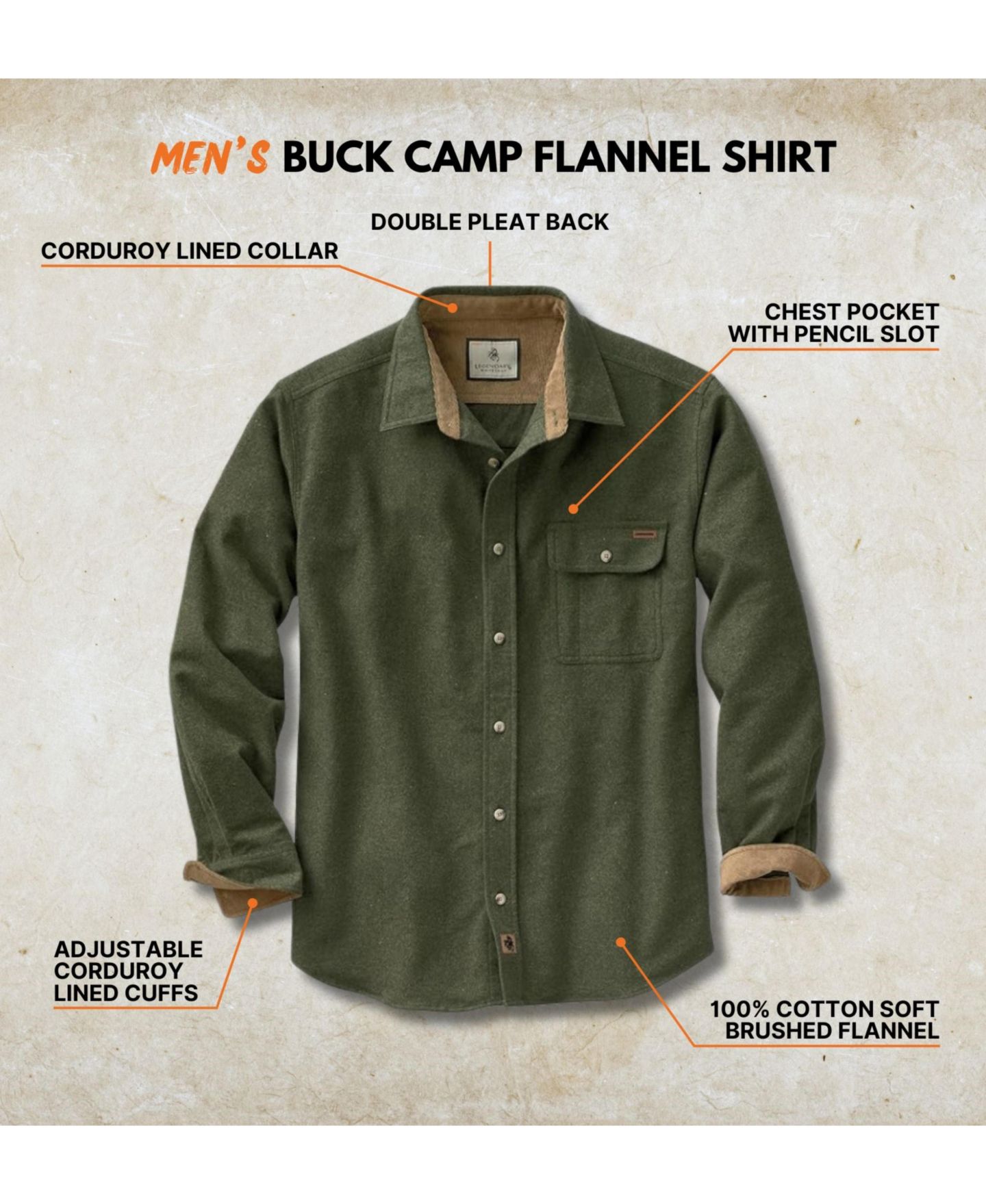 Мужская рубашка Legendary Whitetails Big & Tall Buck Camp Long Sleeve Casual Fit Button Down Shirt, цвет: Армейский зелёный — фото 2