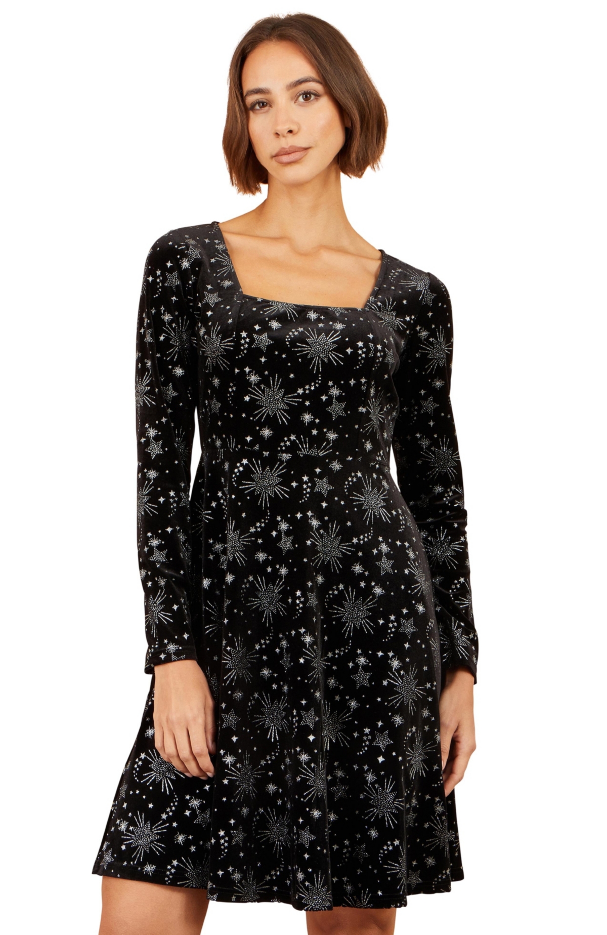Yumi Women's Starburst Long-Sleeve Square-Neck Velvet Skater Dress
