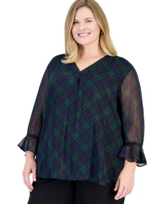Plus Size 3/4-Sleeve Ruffle Plaid Tunic