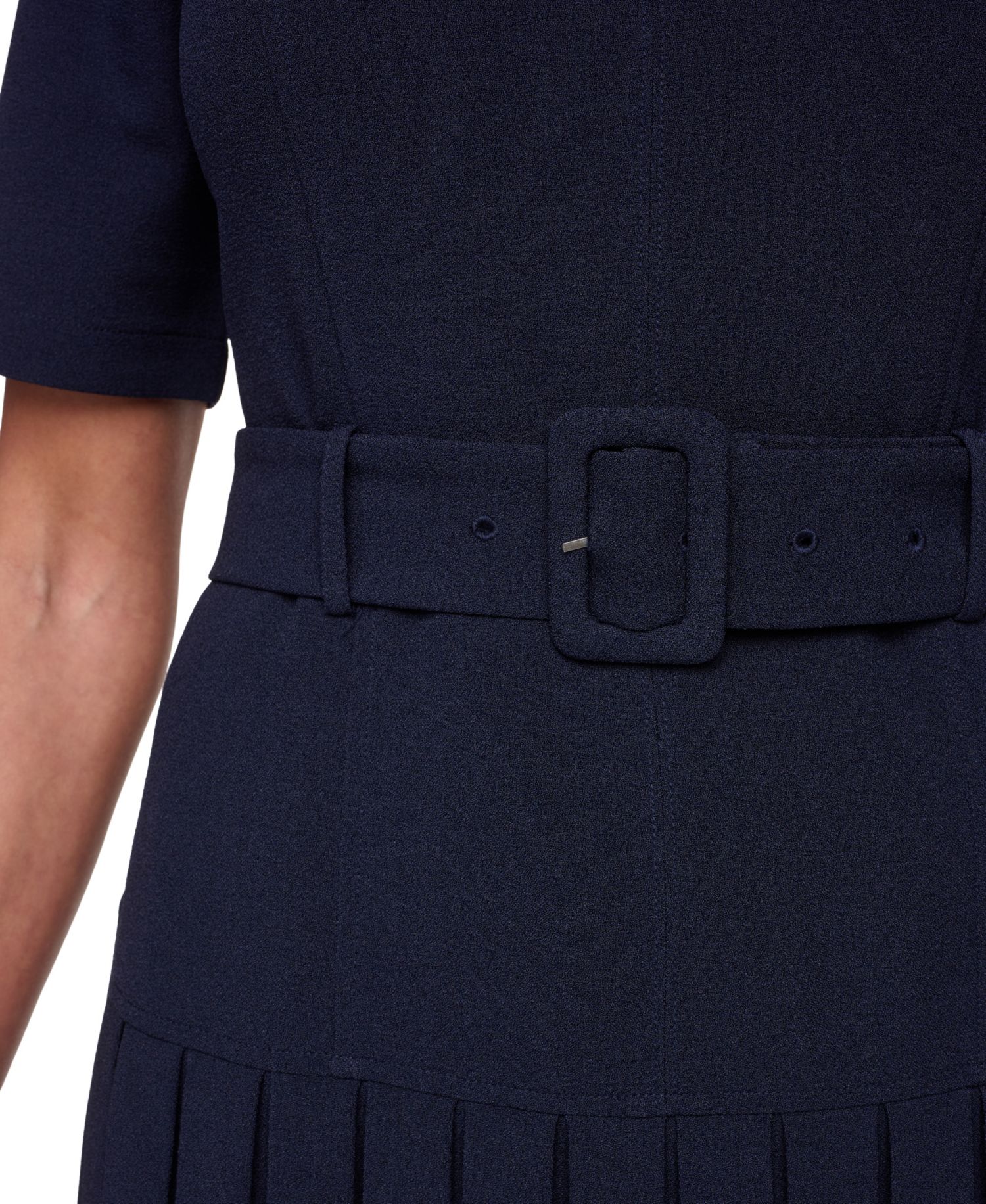 Women's Crewneck Pleated Fit & Flare Buckle Belt Dress