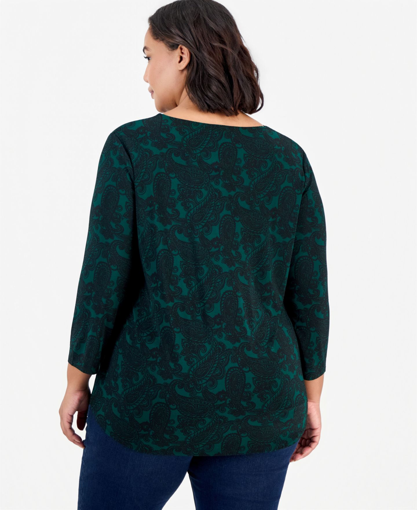 Женская блузка Jones New York Plus Size Paisley-Print 3/4-Sleeve Keyhole, цвет: Тёмно-зелёный / Чёрный — фото 2